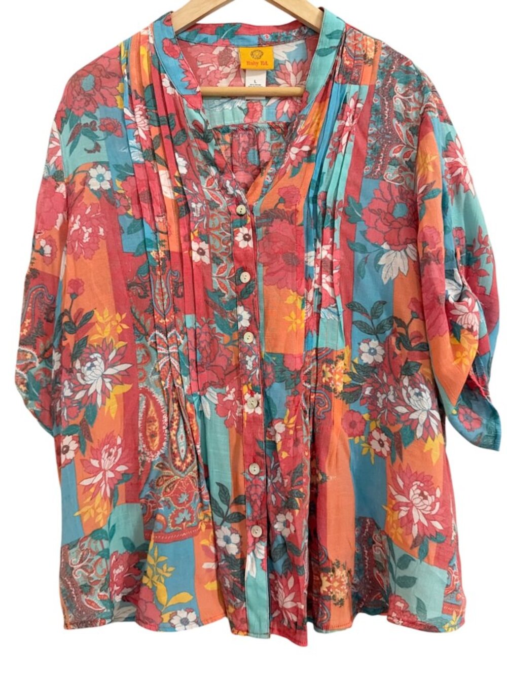 Ruby Rd Shirt Women's Size Large Voile Woven Floral Split Neck 3/4 Roll-Tab Top
